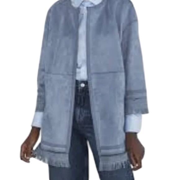 Zara Jackets & Blazers - Zara L Steel Blue Faux Suede Open Front Jacket Fringe Boho Western Retro